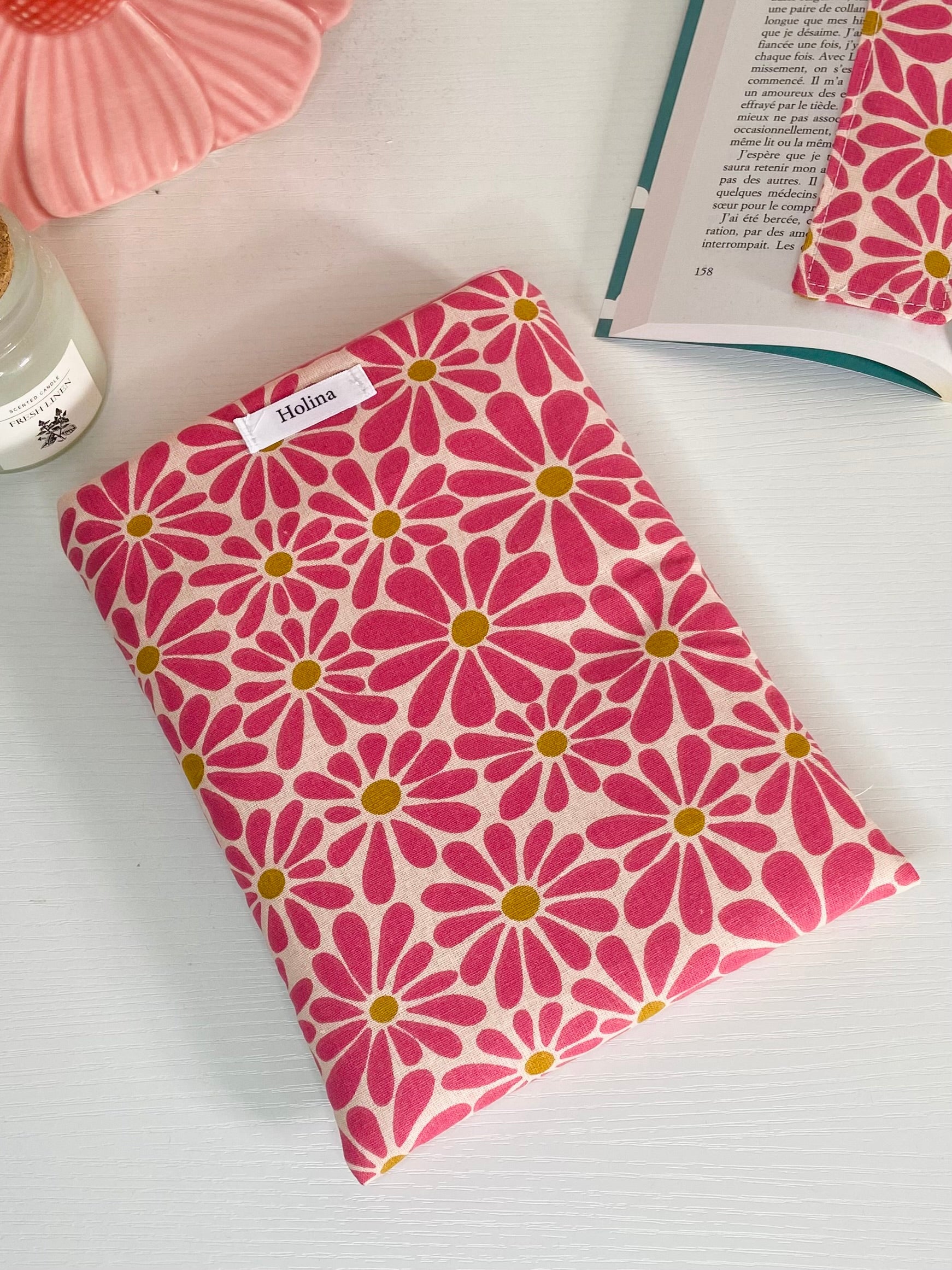 pochette à livre fleurie rose fait main