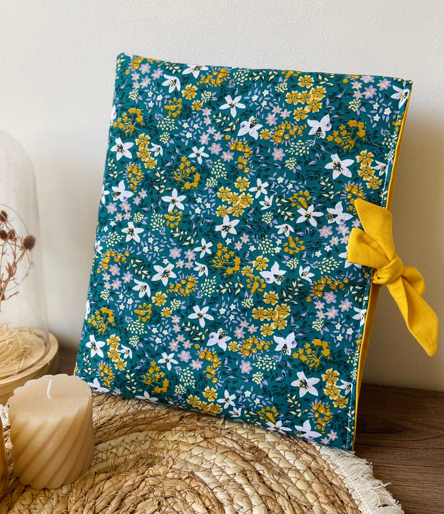 Pochette à livre noeud fleuri bleu et jaune