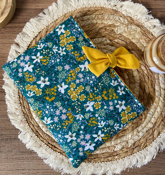Pochette à livre noeud fleuri bleu et jaune